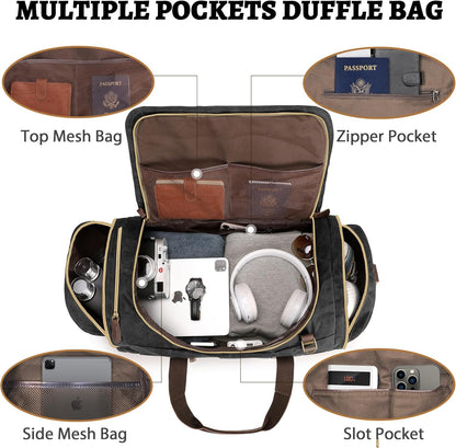 60L Duffle Bag for Men, Nomad Waxed Canvas Travel Duffel Bag Vintage Genuine Leather Travel Handbag Upgraded Weekender Overnight Backpack with Shoes Compartment (Vintage Black, X Large-60L)