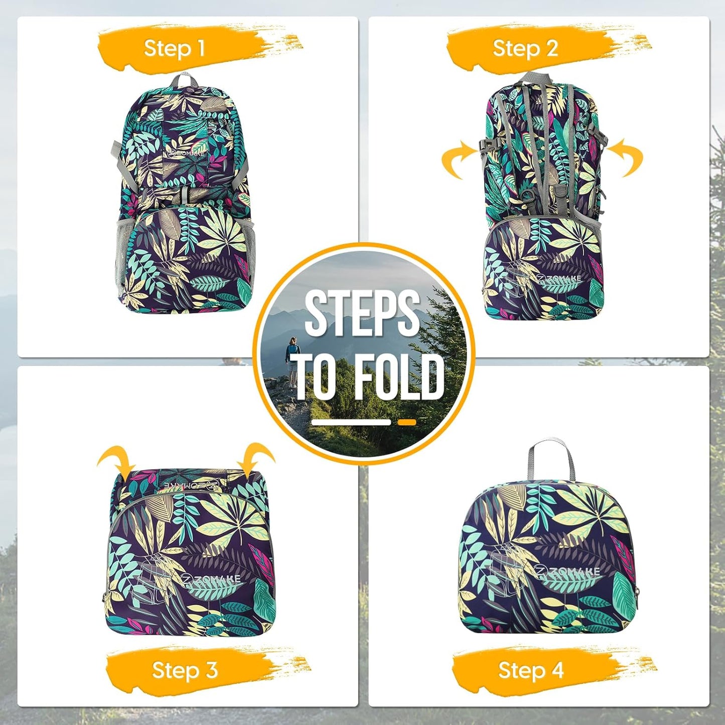 ZOMAKE Lightweight Packable Backpack 35L, Light Foldable Backpacks Water Resistant Collapsible Hiking Bag, Compact Folding Day Pack for Travel Camping(Mixed Color-Leaves)