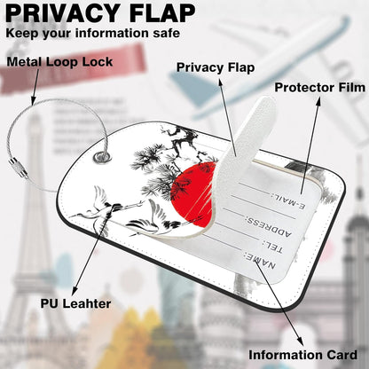 Japanese Cherry Blossoms Storks Leather Luggage Tag for Suitcase 2 Pack Luggage Tag with Privacy Name ID Label and Stainless Steel Loop for Travel Bag Suitcase