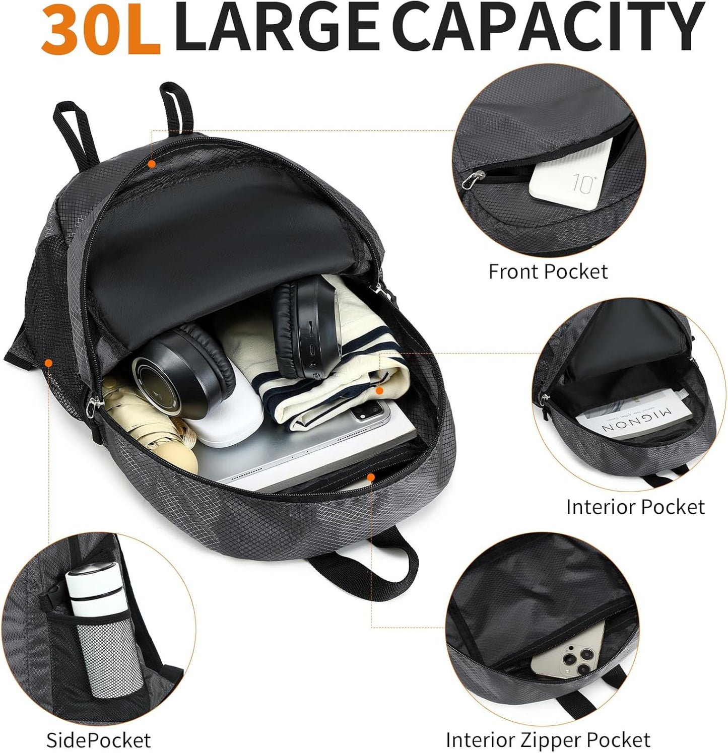 Hiking Daypack,30L Waterproof Hiking Backpack Packable Lightweight Travel Day Pack for Women Men (Grey, Large)