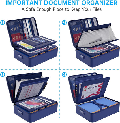 ENGPOW 5200℉ Fireproof File Organizer Bag with 13 Pocket Accordion File Folder,Document Organizer Box with Lock&Labels,Multi-Layer Portable Home Travel Safe Storage Box for Important Documents,Blue