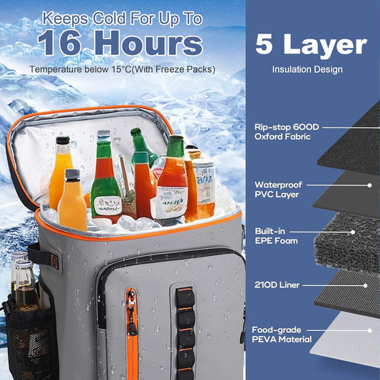 SUNUP 35 Cans Waterproof Cooler Backpack, Soft Insulated Leak Proof Backpack Cooler for Men Women, Large Capacity Ice Chest for Beach, Hiking, Camping, Travel, Outdoor, Grey