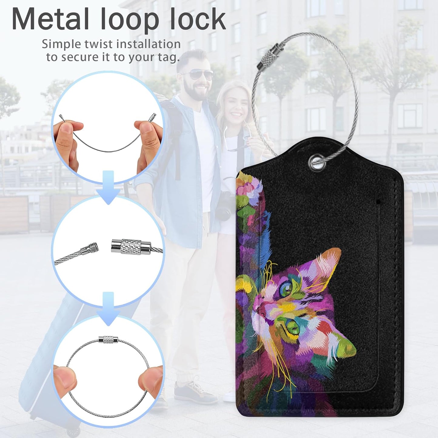 Abstract Multicolored Cat Luggage Tags,2 Pack Butterfly Luggage Tag,Leather Privacy Cover ID Label with Stainless Steel Loop for Women Men Kids Girls Travel