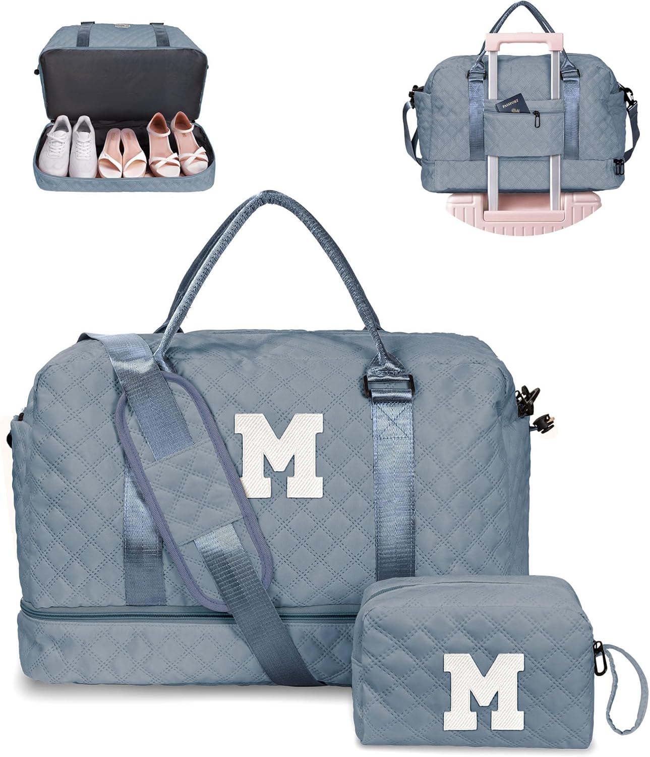Personalized Weekender Bag for Women With Shoe Compartment, Monogram Overnight Travel Bag, Makeup Bag Included - Gifts for Daughter, Sister, Friend, Girlfriend (Letter M)