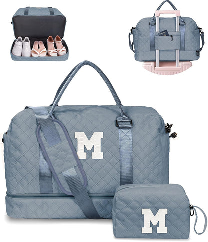 Personalized Weekender Bag for Women With Shoe Compartment, Monogram Overnight Travel Bag, Makeup Bag Included - Gifts for Daughter, Sister, Friend, Girlfriend (Letter M)
