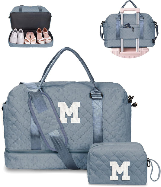 Personalized Weekender Bag for Women With Shoe Compartment, Monogram Overnight Travel Bag, Makeup Bag Included - Gifts for Daughter, Sister, Friend, Girlfriend (Letter M)