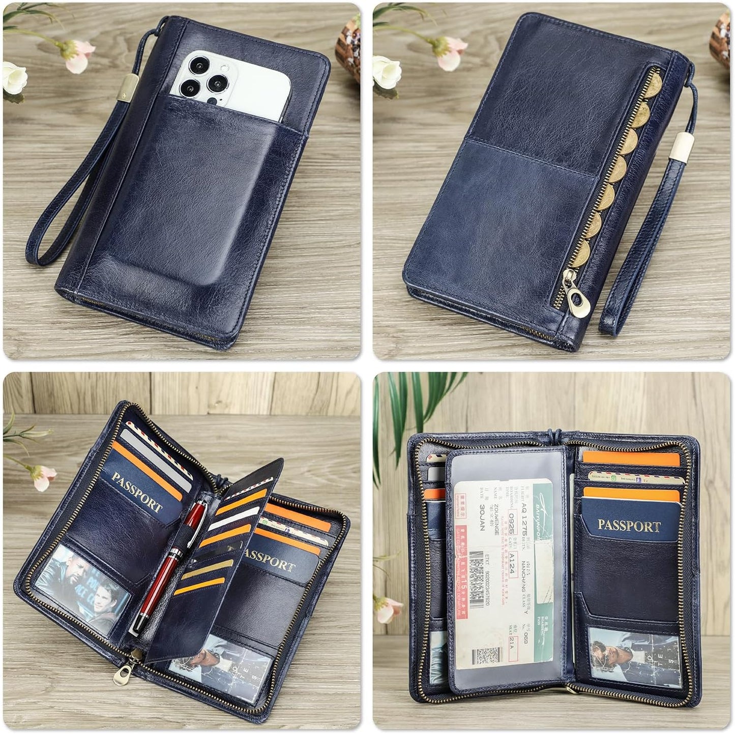 Top Grain Leather Travel Passport Wallet Holder for Man & Woman, Handmade with Three-Layer for 4 Passports & Multi Cards, RFID Blocking Large Capacity for Cards/Passports/Tickets, Blue