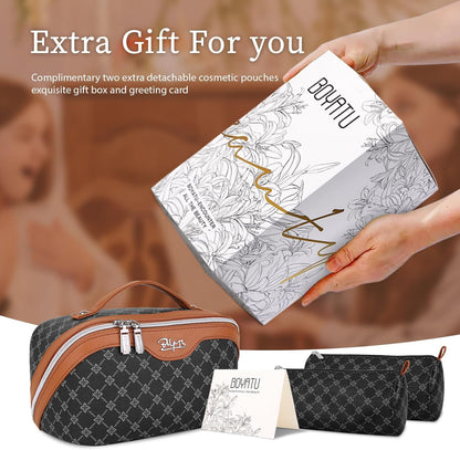 BOYATU Travel Makeup Bag Cosmetic Bags for Women: 3 Pcs Set Large Portable Make up Bag with Handle - Vegan Leather Toiletry Bags with Compartments - Makeup Organizer for Travel Essentials(01-Black)