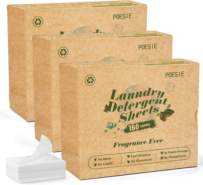 Poesie Laundry Detergent Sheets 3 Pack 480 Count 240 Loads Laundry Detergent for Travel Home Save Space Portable Laundry Strips Hypoallergenic Concentrated Soap Sheets Washing HE Fragrance Free