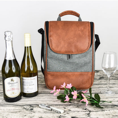 2 Bottle Wine Set Leather Insulated Bag As Gift - Luxury 2 Bottle Carrier Design For Picnic/Travel - Idea Gift For Women/Man (Reserve Place For Corkscrew Opener ＆ Cheese, Gray Brown)