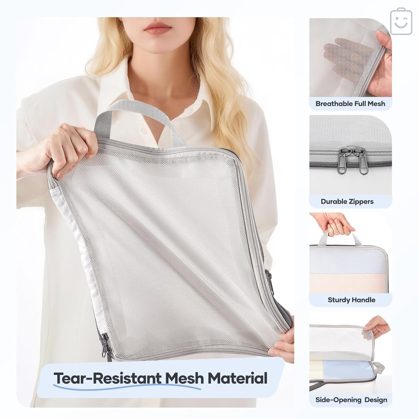 Veken 9/11 Set Compression Packing Cubes for Travel Essentials,Compressible Expandable Large Luggage Suitcase Organizer Bags for Clothing,Durable Space Saver Storage Bags with Toiletry Bags(White)