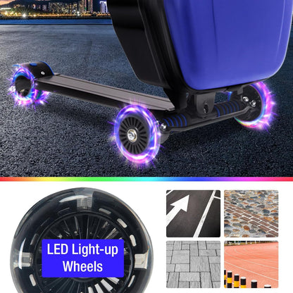 20" Scooter Suitcase for Kids, 2-in-1 Ride On Luggage with Wheels for Boys & Girls Ages 4-15, Foldable Hardshell Carry On Lightweight Travel Suitcase for Airplane (With LED, Dark Blue)