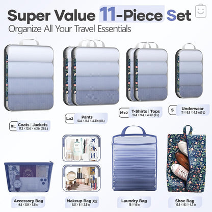 Veken 11 Set Compression Packing Cubes for Travel Essentials,Compressible Expandable Large Luggage Suitcase Organizer Bags for Clothing,Durable Space Saver Storage Bags(Dark Blue Floral)