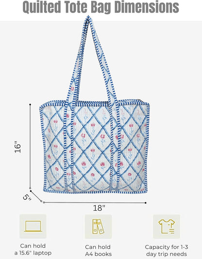 Cotton Quilted Tote Bag for Women – Large Beach & Travel Tote with Zipper, Reusable Grocery Bag