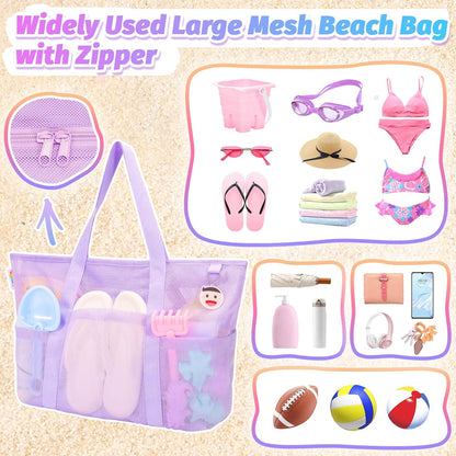 Tagitary Mesh Beach Bag with Zipper Large Beach Tote Waterproof Sandproof with 8 Pockets for Toys Pool Bag Beach Accessories