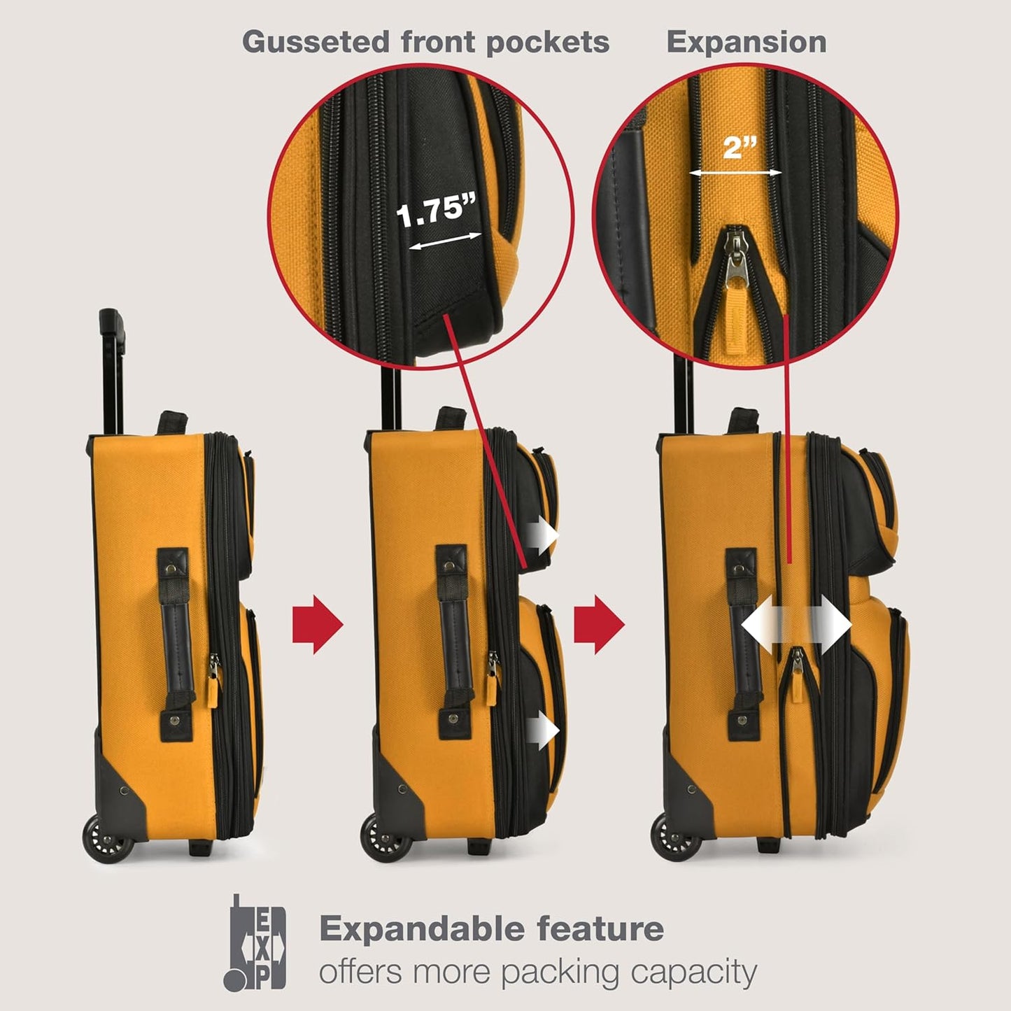 U.S. Traveler Rio Fabric Expandable Carry-on Luggage, Rolling Suitcase, Orange, 2 Wheel Set