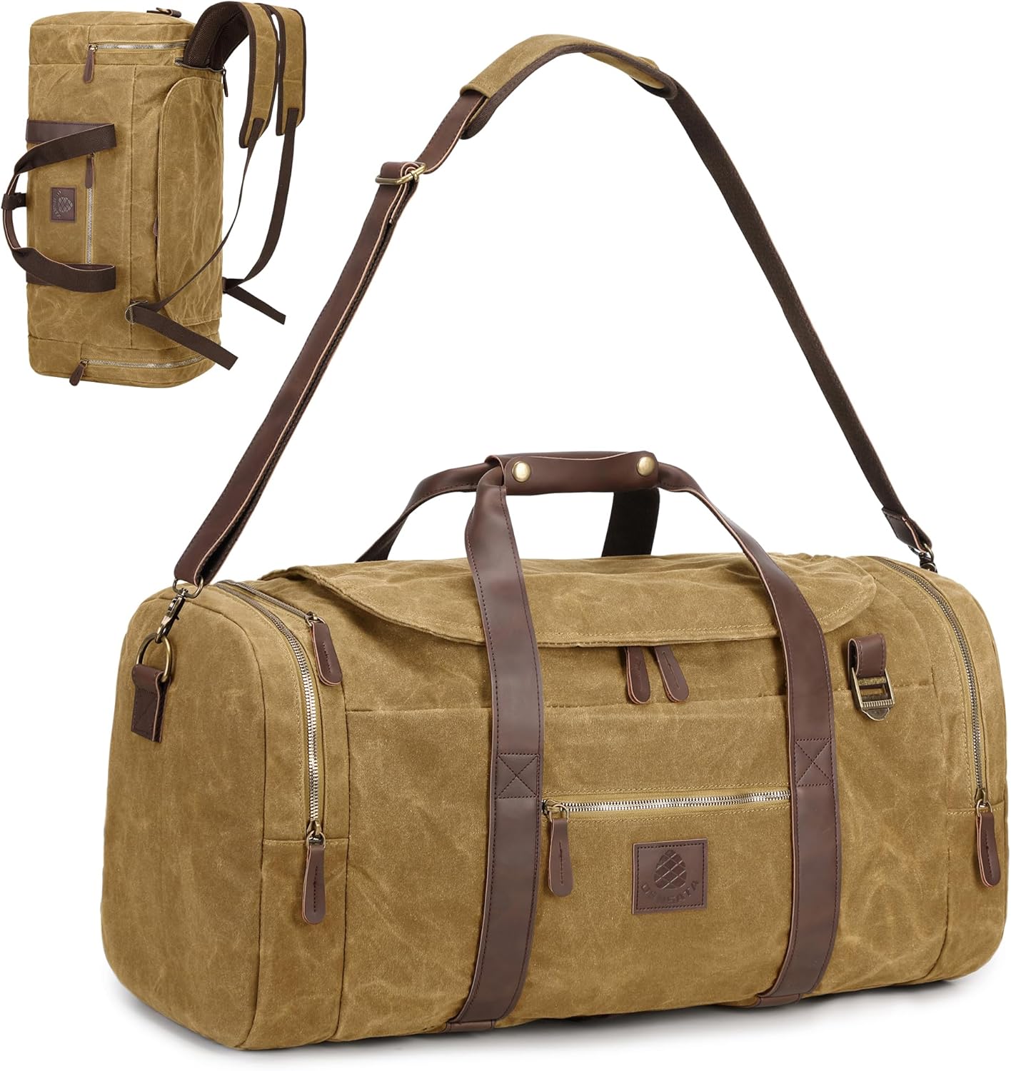 50L Duffle Bag for Men, Nomad Waxed Canvas Travel Duffel Bag Vintage Genuine Leather Travel Handbag Upgraded Weekender Overnight Backpack with Shoes Compartment (Vintage Brown)