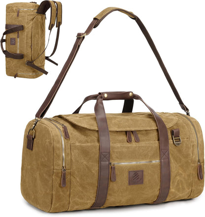 50L Duffle Bag for Men, Nomad Waxed Canvas Travel Duffel Bag Vintage Genuine Leather Travel Handbag Upgraded Weekender Overnight Backpack with Shoes Compartment (Vintage Brown)