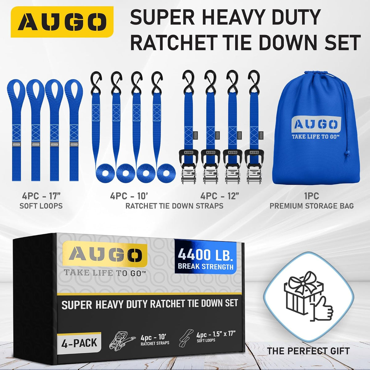 AUGO Heavy Duty Ratchet Straps & Soft Loops – Pack of 4 Extra Strong 1.5” by 10’ Ratchet Straps w/S-Hook Safety Latches & 4 Soft Loop Tie Downs – 4400Lb Break Strength for Motorcycles, ATVs, Etc.