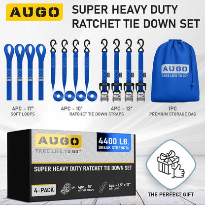 AUGO Heavy Duty Ratchet Straps & Soft Loops – Pack of 4 Extra Strong 1.5” by 10’ Ratchet Straps w/S-Hook Safety Latches & 4 Soft Loop Tie Downs – 4400Lb Break Strength for Motorcycles, ATVs, Etc.