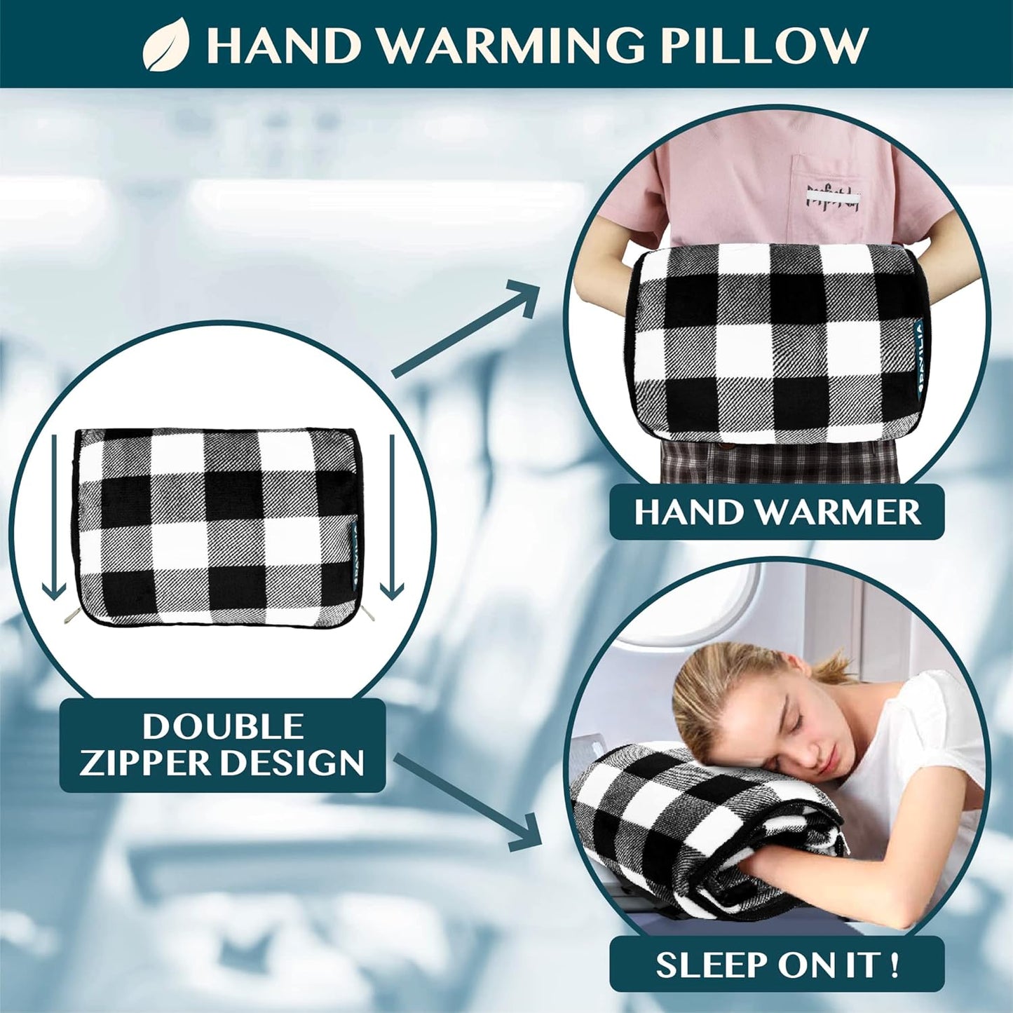 PAVILIA Travel Blanket Pillow, Soft Airplane Blanket 2-in-1 Combo Set, Plane Blanket Compact Packable, Flight Essentials Car Pillow, Travelers Gifts Accessories, Backpack Strap, 60x43 Checker White