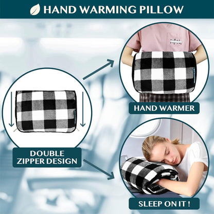 PAVILIA Travel Blanket Pillow, Soft Airplane Blanket 2-in-1 Combo Set, Plane Blanket Compact Packable, Flight Essentials Car Pillow, Travelers Gifts Accessories, Backpack Strap, 60x43 Checker White