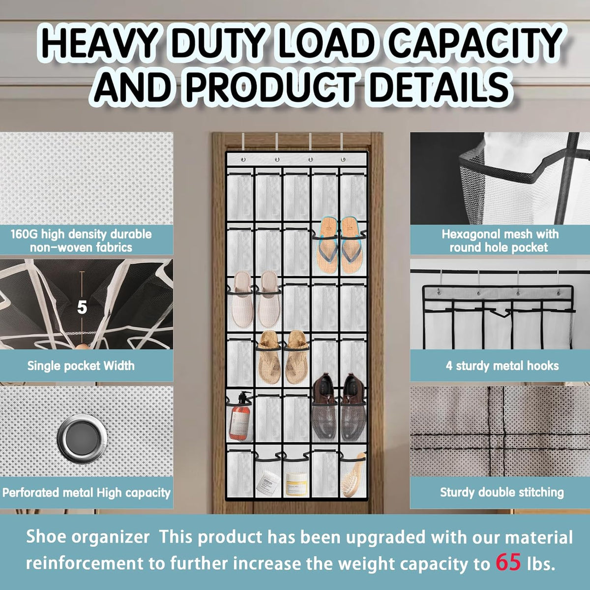 Over the Door Shoe Organizer with 30 Breathable Mesh Pockets - Large Capacity Closet Storage for Men & Women, Hanging Shoe Rack Organizer (White)