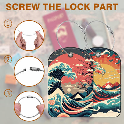 Japanese Style Ocean Wave Sun Leather Luggage Tag for Suitcase 2 Pack Luggage Tag with Privacy Name ID Label and Stainless Steel Loop for Travel Bag Suitcase