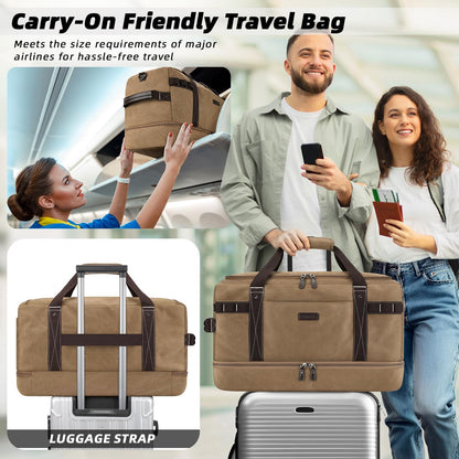 ZOMFELT Travel Duffle Bag for Men, Waterproof Canvas Overnight Duffel Bag with Removable Dividers & Shoe Compartment, Carry On Weekender Gym bag, Multi-Pocket & Vintage Design (Washed Brown)