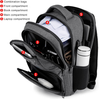 School Backpack for Teens & College Students - 17.3 Inch Laptop Backpack with USB Charging Port, Water Resistant Travel Bookbag for Men, Women, Business & University, Grey