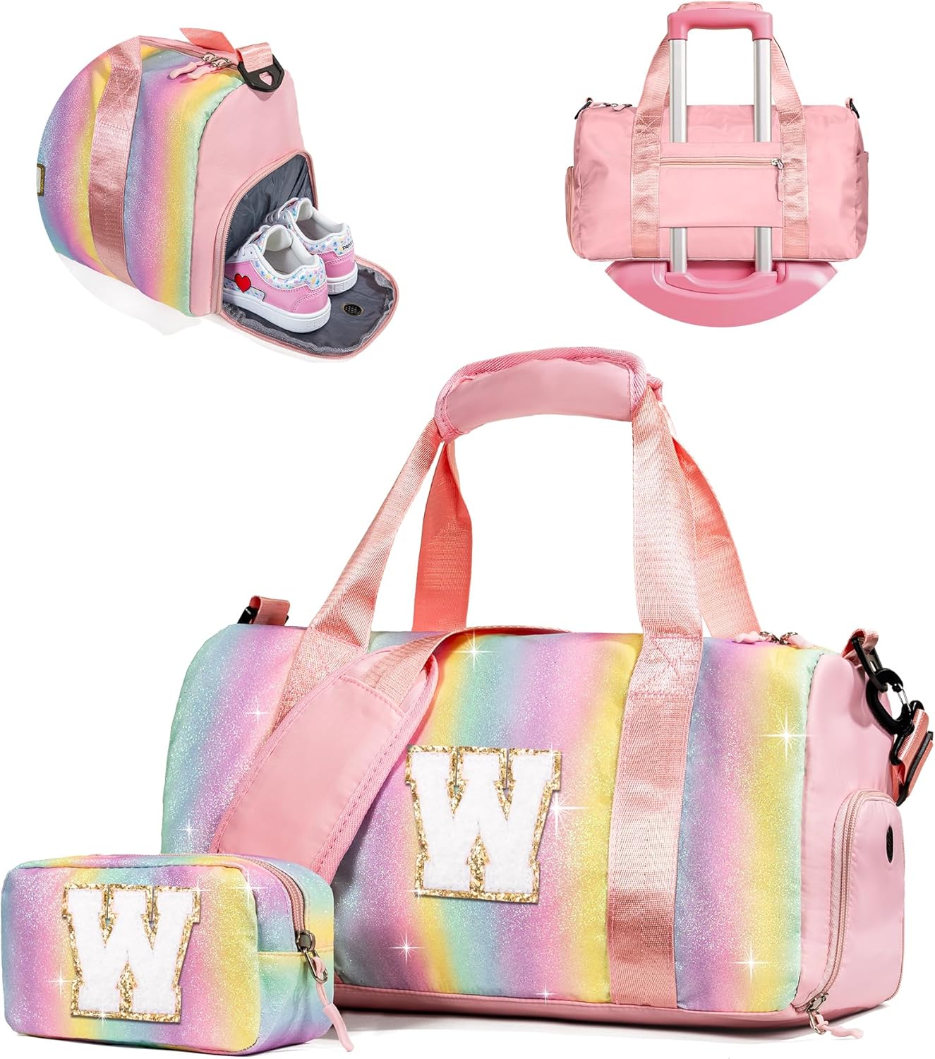 Girly Girl Stuff-Girl Gym Bag with Shoe Compartment, Kid Personalized Weekender Overnight Bags, Initial Travel Tote with Makeup Pouch, Gift Ideas for Niece Sister (Letter W)