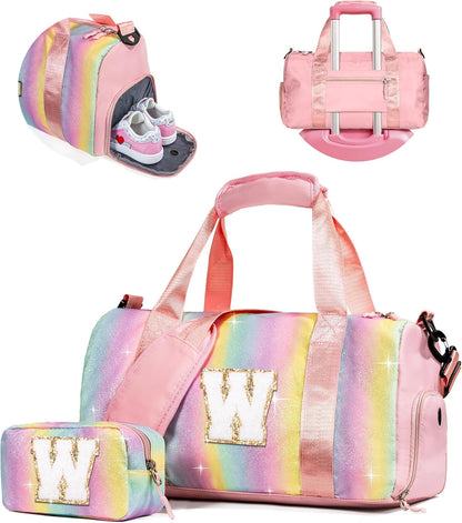Girly Girl Stuff-Girl Gym Bag with Shoe Compartment, Kid Personalized Weekender Overnight Bags, Initial Travel Tote with Makeup Pouch, Gift Ideas for Niece Sister (Letter W)