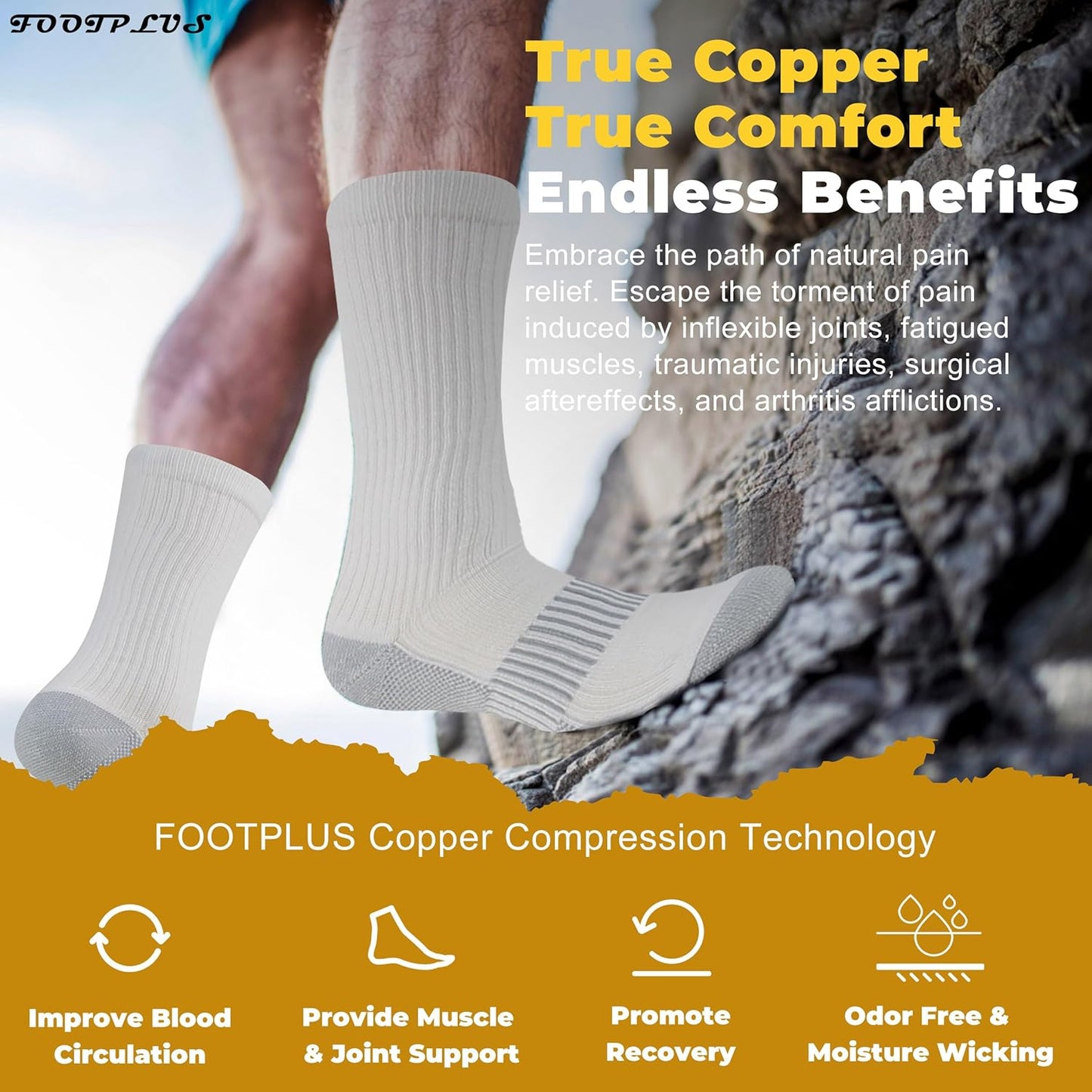 FOOTPLUS Hiking Copper Compression Socks,Unisex Cushioned Sole Arch Support Athletic Crew Running Socks