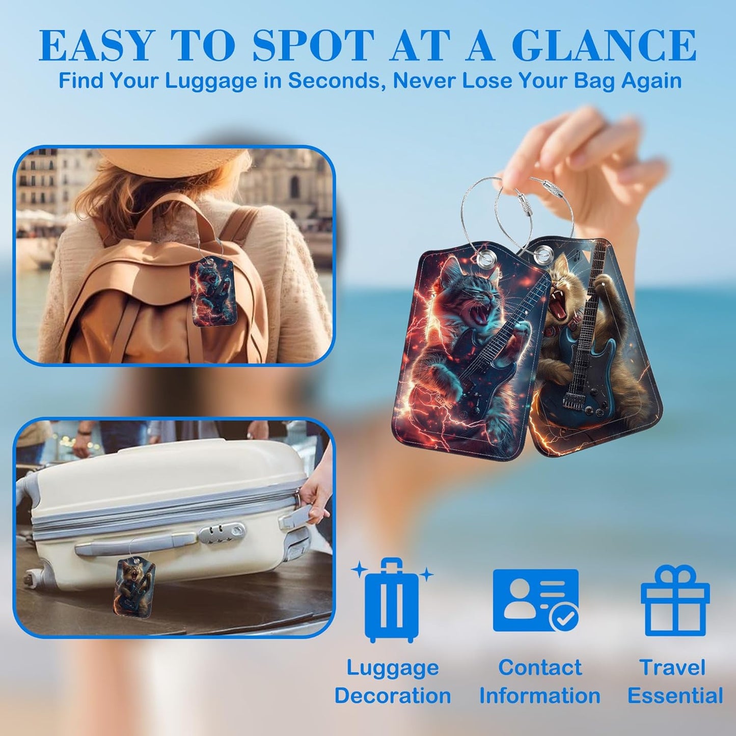 Cat Playing Electric Guitar Luggage Tags for Suitcases Leather Travel Tags for Luggage ID Label with Privacy Cover and Stainless Steel Loop for Men Women Suitcase Backpack, Set of 2