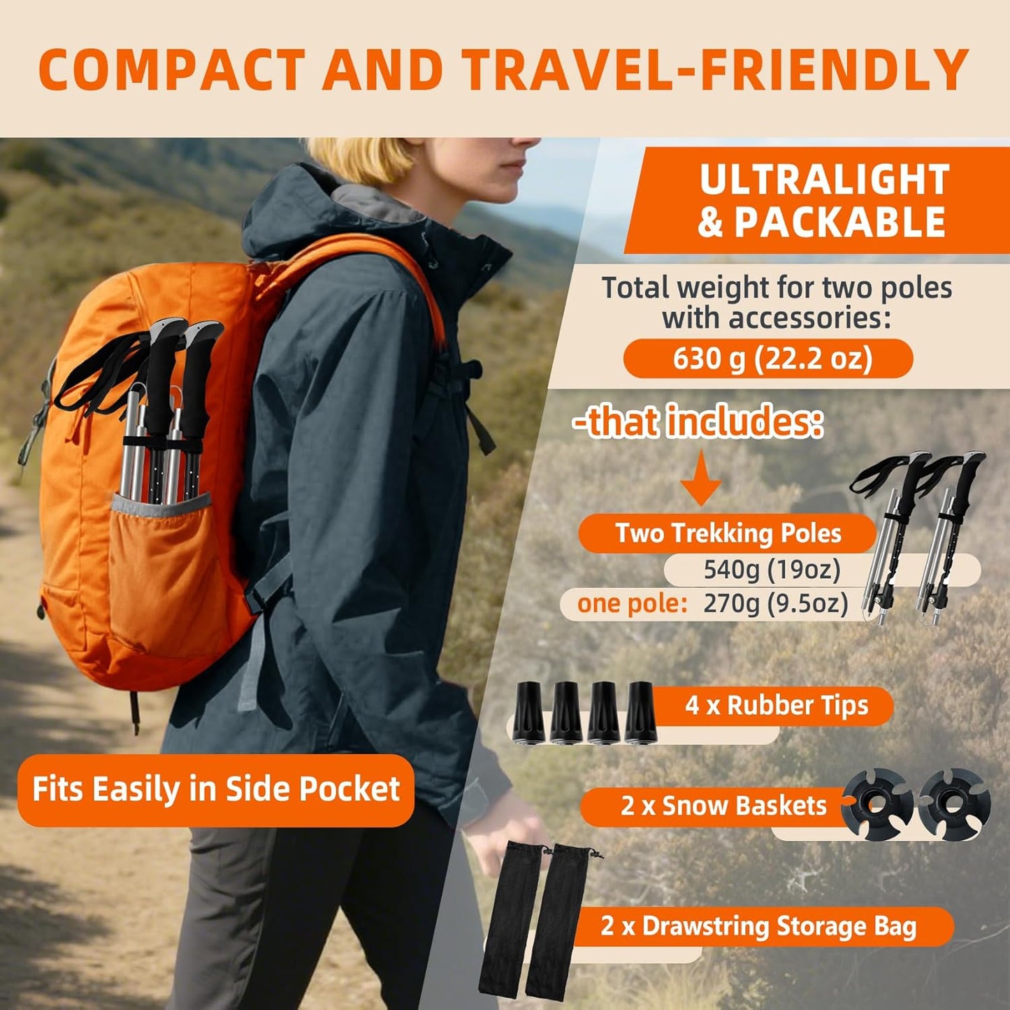 Collapsible Trekking Poles for Hiking - Lightweight Foldable Hiking Poles, 2 Pack Adjustable Aluminum Walking Sticks with for Men, Women, Kids, Seniors, Walking Poles for Backpacking, Camping, Travel