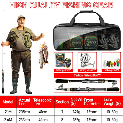 Telescopic Fishing Rod Combo - 2PCS 6.9 7.89FT Collapsible Carbon Fiber Pole Set, Spinning Reel Lures Lines Kits with Carrier Bag for Travel Saltwater Freshwater Fishing Gifts for Adults Beginer