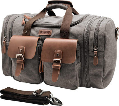 Wildroad 50L Travel Duffel Bag, Expandable Canvas Genuine Leather Duffle Bag Upgraded Overnight Weekender Carry on Bag