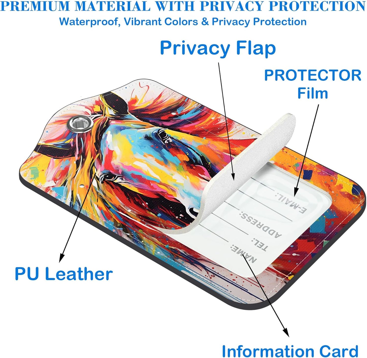 Abstract Horse Luggage Tags for Suitcases Leather Travel Tags for Luggage ID Label with Privacy Cover and Stainless Steel Loop for Men Women Suitcase Backpack, Set of 2