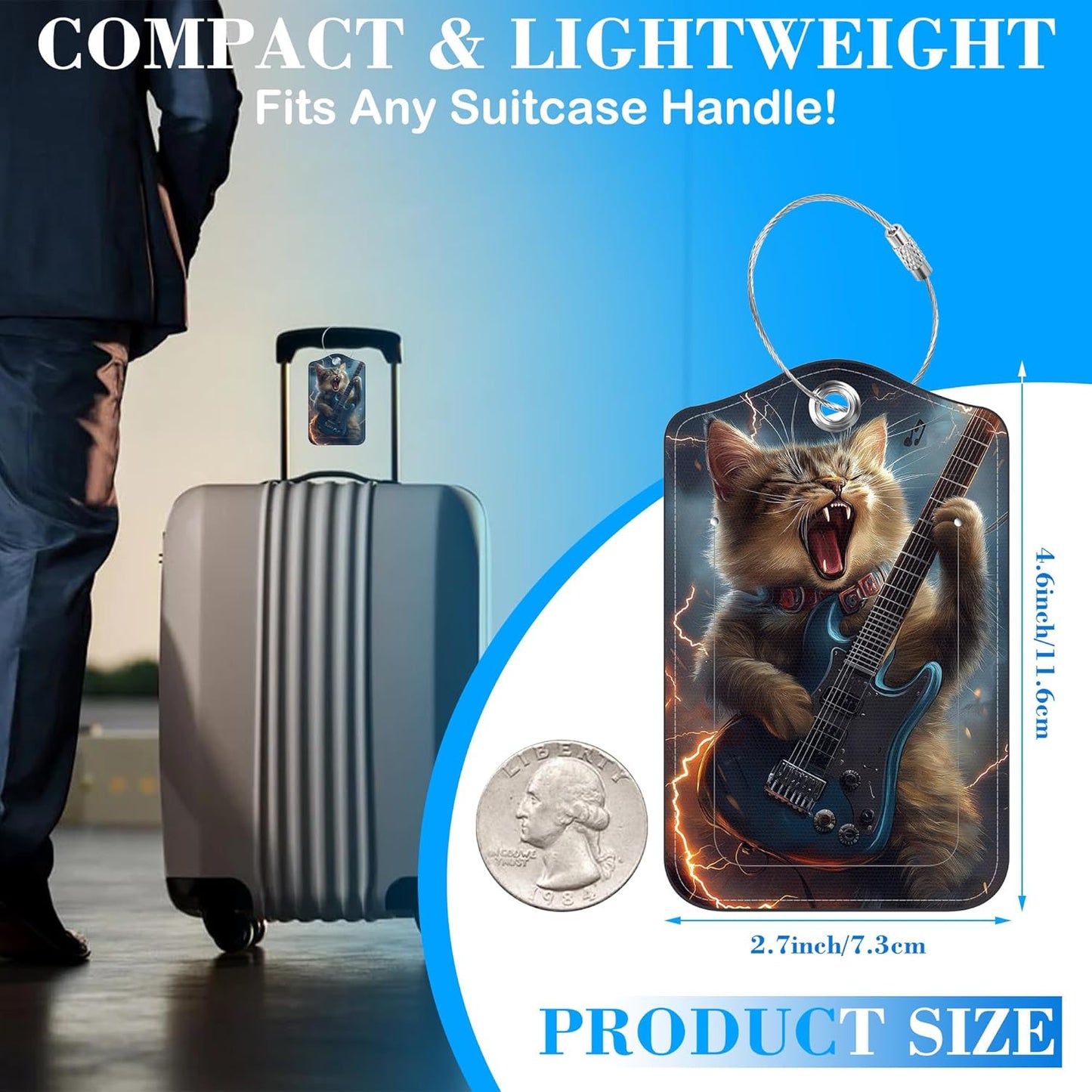 Cat Playing Electric Guitar Luggage Tags for Suitcases Leather Travel Tags for Luggage ID Label with Privacy Cover and Stainless Steel Loop for Men Women Suitcase Backpack, Set of 2