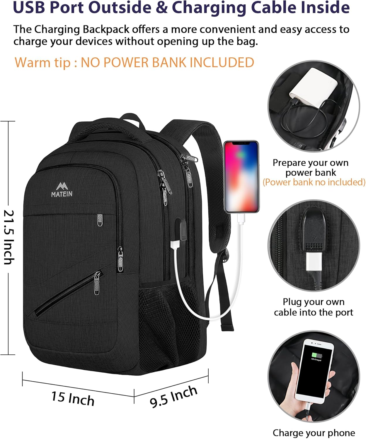 MATEIN 18.4 Inch Laptop School Backpack 50 L, Extra Large Anti Theft Carryon Backpack for Men Women TSA Approved, Work Business Bag with USB Port & Luggage Strap for Travel, Black