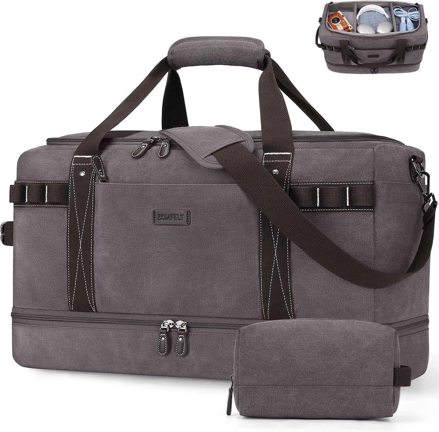 ZOMFELT Travel Duffle Bag for Men Women, Waterproof Canvas Overnight Duffel Bag with Removable Dividers & Shoe Compartment, Carry On Weekender Gym bag, Multi-Pocket & Vintage Design (Washed Grey)