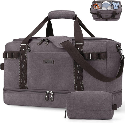 ZOMFELT Travel Duffle Bag for Men Women, Waterproof Canvas Overnight Duffel Bag with Removable Dividers & Shoe Compartment, Carry On Weekender Gym bag, Multi-Pocket & Vintage Design (Washed Grey)