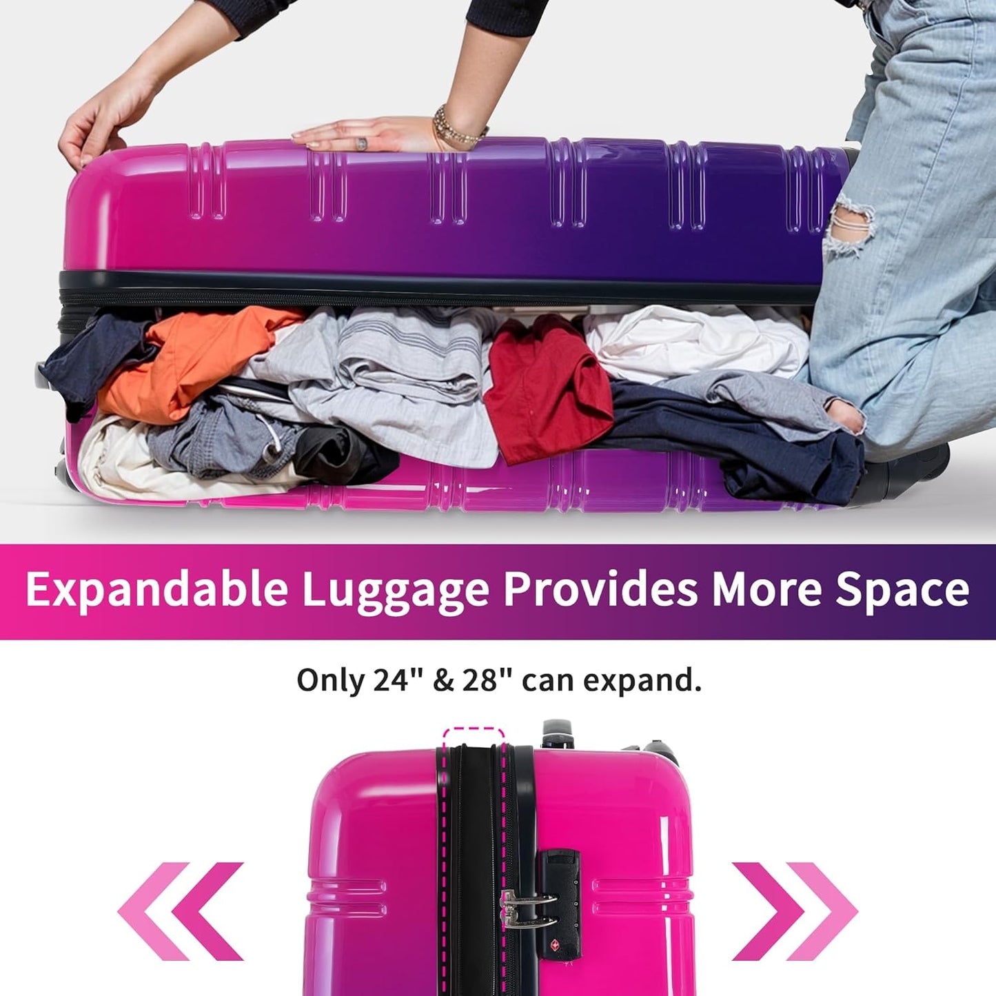 Merax Luggage Sets 3 Piece, Hardside Expandable Suitcase Set with Spinner Wheels, Lightweight Gradient Color Luggage 20+24+28 IN, Purple and Pink