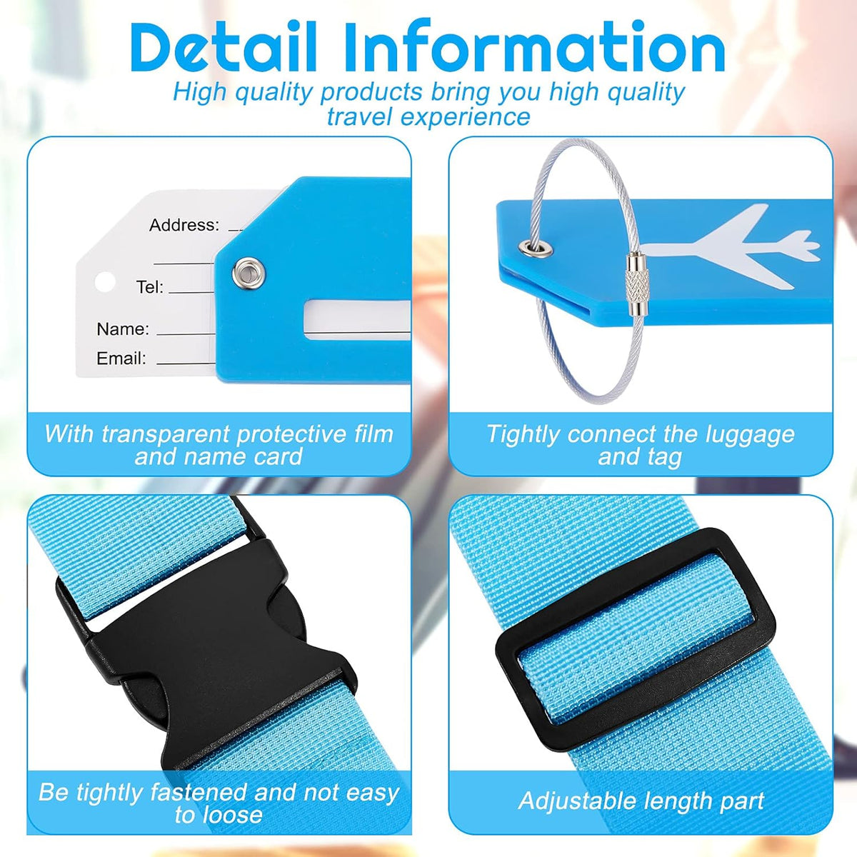 Weewooday 8 Pcs Luggage Straps Suitcase Tags Set for TSA Approved, 4 Travel Adjustable Suitcase Belt, 4 Silicone Luggage Tags with Name ID Card Travel Accessories(Blue,Airplane)