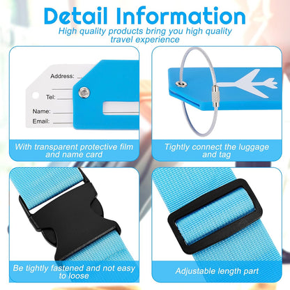 Weewooday 8 Pcs Luggage Straps Suitcase Tags Set for TSA Approved, 4 Travel Adjustable Suitcase Belt, 4 Silicone Luggage Tags with Name ID Card Travel Accessories(Blue,Airplane)
