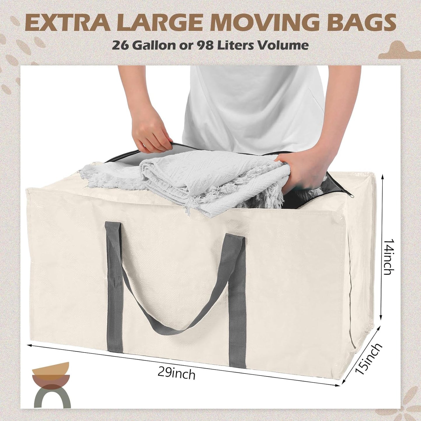 8 Pack Extra Large Moving Bags Heavy Duty Packing Bags with Extra Long Handles and Zippers Storage Totes for College Students Room Dorm Essentials Packing Supplies(Beige)
