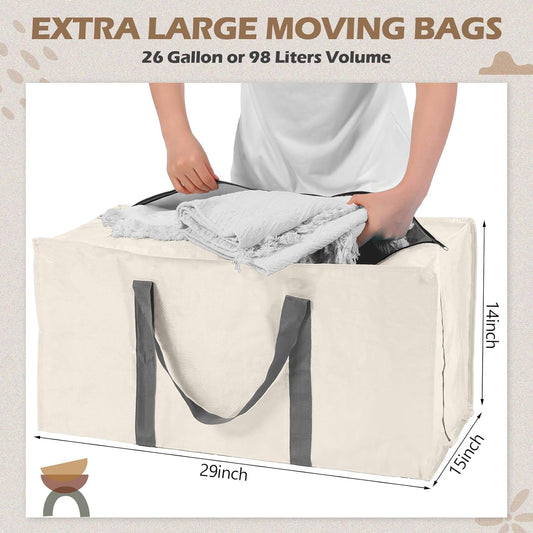 8 Pack Extra Large Moving Bags Heavy Duty Packing Bags with Extra Long Handles and Zippers Storage Totes for College Students Room Dorm Essentials Packing Supplies(Beige)