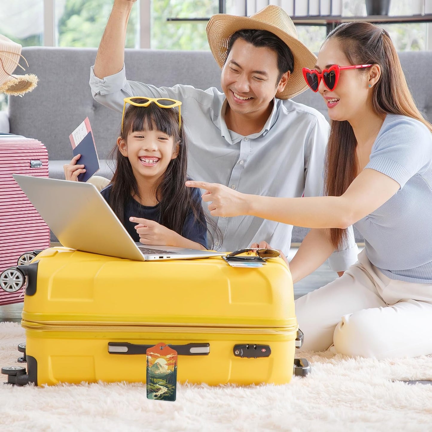 Vintage Mountain 2 Pack Luggage Tag for Suitcase, Cute Unique Leather Bag Tags Identifiers Privacy Cover ID Label with Durable Steel Loop for Women Men Kids Girls Travel