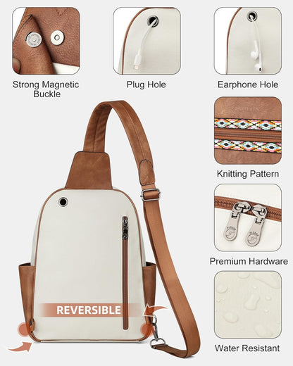 FADEON Large Sling Bag for Women, Leather Crossbody Purse Designer Anti Theft Sling Backpack, RFID Fanny Packs for Travel