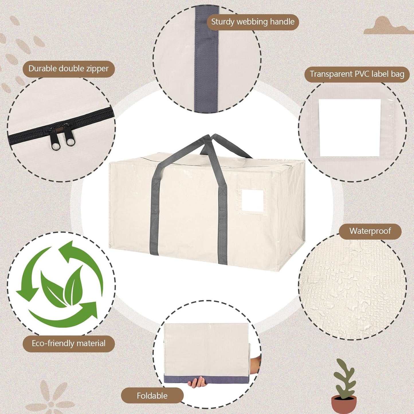 8 Pack Extra Large Moving Bags Heavy Duty Packing Bags with Extra Long Handles and Zippers Storage Totes for College Students Room Dorm Essentials Packing Supplies(Beige)